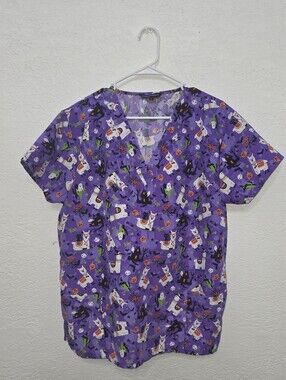 Purple Halloween Print Medical Scrub Top Llama Ghost Pumpkin XL